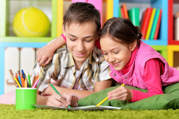 Wall Mural - Brother and sister drawing together