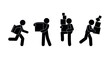 people carry boxes, loader and courier icons set, stick figure man, stickman delivers cargo, vector illustration