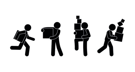 Wall Mural - people carry boxes, loader and courier icons set, stick figure man, stickman delivers cargo, vector illustration