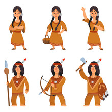 Set Of Native Americans In Different Poses. Male And Female Characters In Cartoon Style.