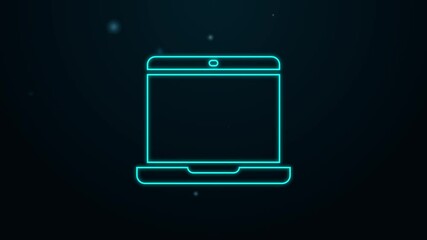 Poster - Glowing neon line Laptop icon isolated on black background. Computer notebook with empty screen sign. 4K Video motion graphic animation