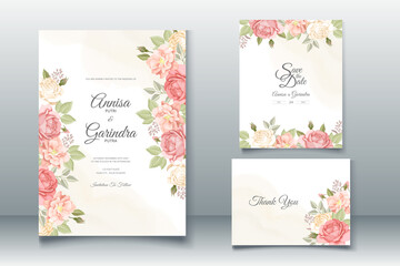  wedding invitation card template set with beautiful  floral leaves Premium Vector