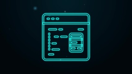Glowing neon line Software, web developer programming code icon isolated on black background. Javascript computer script random parts of program code. 4K Video motion graphic animation
