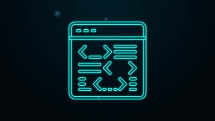 Glowing neon line Software, web developer programming code icon isolated on black background. Javascript computer script random parts of program code. 4K Video motion graphic animation