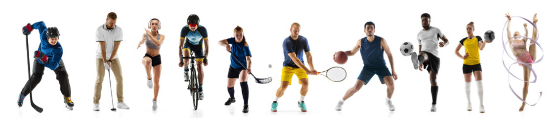 Sport collage. Tennis, soccer football, basketball players posing isolated on white studio background.