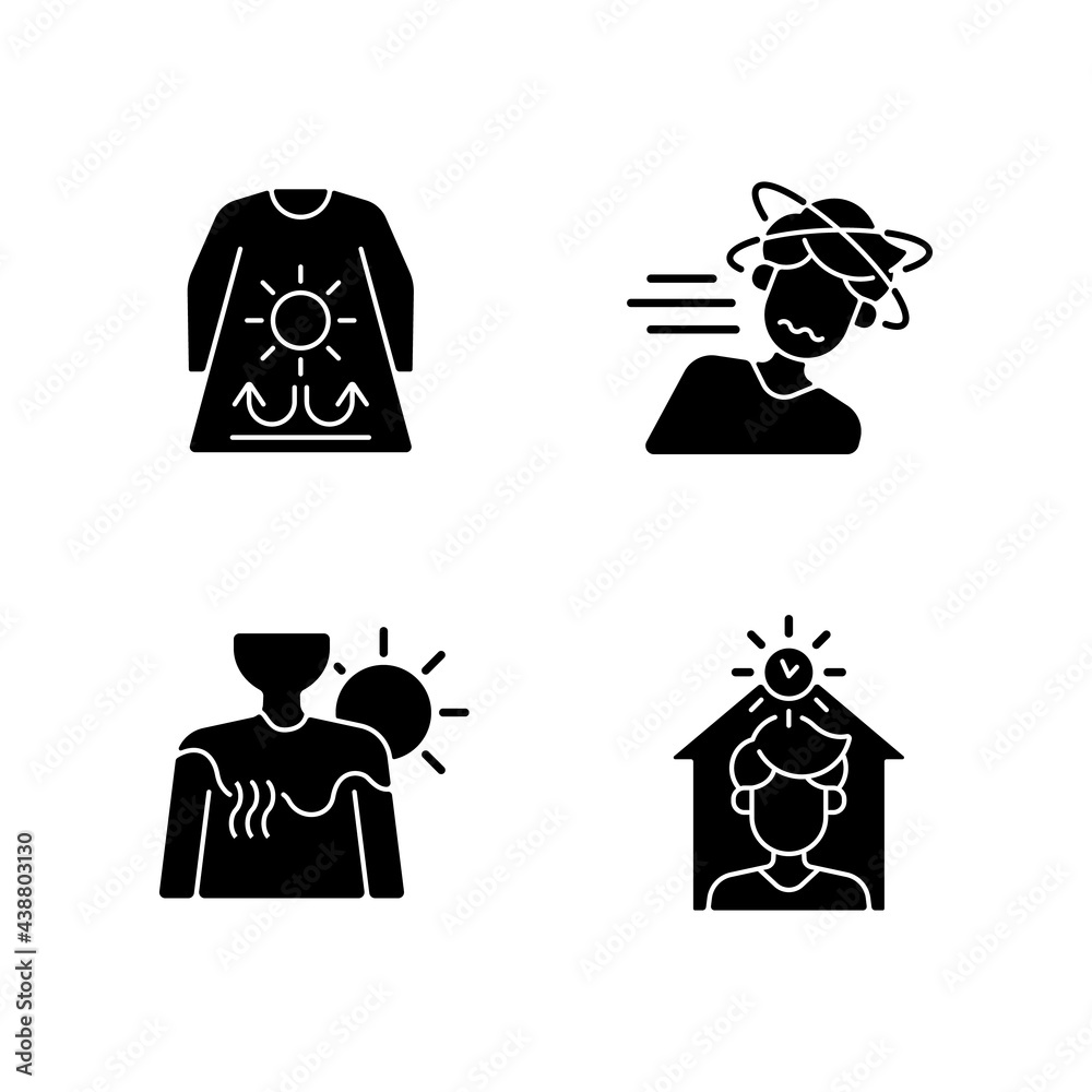 Sunstroke risk during summer black glyph icons set on white space. Long ...