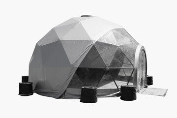 space base structure, white and dark grey round plastic tent on white background
