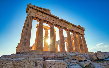 ATHENS,GREECE-JUNE 7,2021:Temple of the goddess Athena-Parthenon, the main temple in the Athenian Acropolis