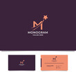 Simple and minimalist orange shooting star on letter M monogram initial logo in purple background with business card template
