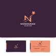 Simple and minimalist orange shooting star on letter N monogram initial logo in purple background with business card template