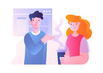 Poster - office scene with male and female characters talking on a break