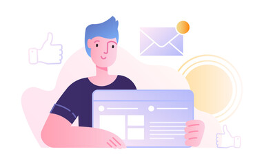 Poster - office scene with young male character working on web interface