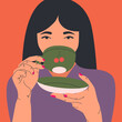 Woman drinking a cup of tea. Hand drawn Vector illustrations.