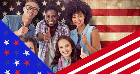 Canvas Print - Animation of diverse group of students with thumbs up over american flag