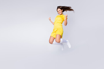 Sticker - Full length body size view of nice beautiful pretty energetic glad overjoyed cheerful straight-haired girl jumping having fun isolated over light white gray pastel color background