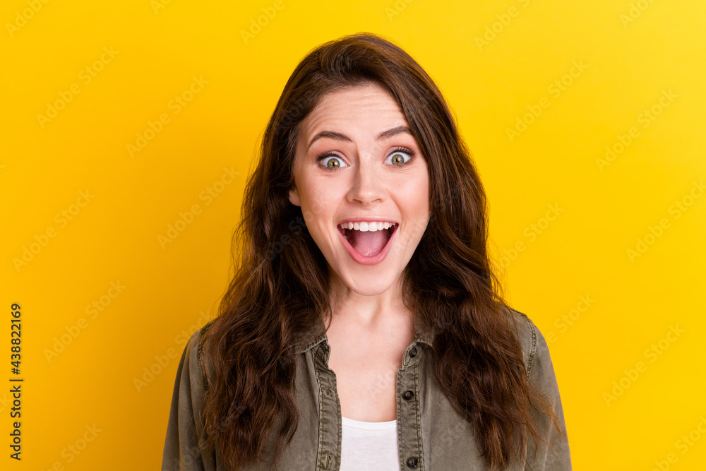 Portrait of charming impressed person open mouth cant believe isolated ...
