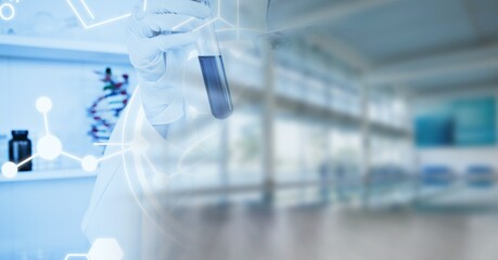 Poster - composition of scientist holding test tube in laboratory with copy space