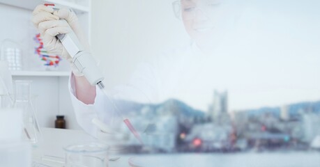 Poster - composition of female scientist holding syringe in laboratory with copy space