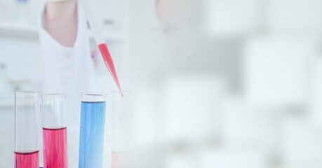 Poster - composition of scientist holding pipette in laboratory with copy space