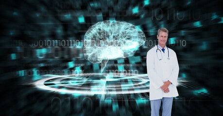 Composition of male doctor over virtual screen with brain model