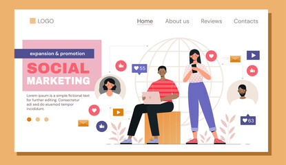 Aufkleber - young male and female characters are working as smm managers together in company