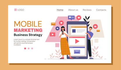 Poster - young male and female characters are working in digital marketing together on smartphones