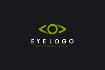 Poster - Abstract Eye Vision Logo Line. Green Geometric Shape Infinity with Circle Eyeball inside isolated on Dark Background. Use for Business and Technology Logos. Flat Vector Logo Design Template Element.