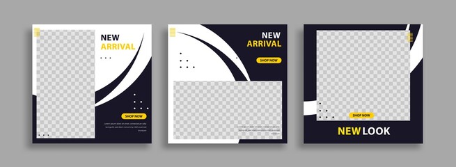 Wall Mural - Set of Editable minimal square banner template. Blue yellow white background color with geometric shapes for social media post and web internet ads. Vector