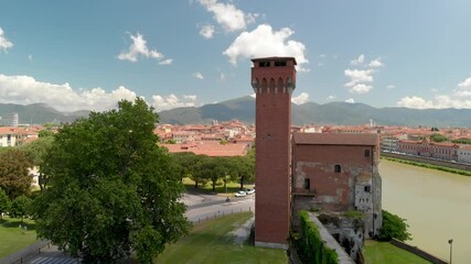 Poster - Pisa, Tuscany. Aerial view of Lungarni with Citadel Tower on a sunny day