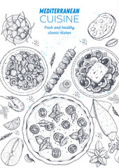 Mediterranean cuisine top view frame. A set of mediterranean dishes. Food menu design template. Vintage hand drawn sketch. Vector illustration. Food collection.