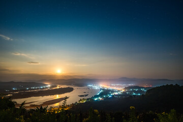 Wall Mural - landscape of Mekong River in Night sky with the moon