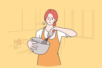 Tiredness of cooking at home concept. Sad frustrated irritated pretty girl cartoon character in apron standing cooking and feeling tired of housework vector illustration 