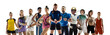 Sport collage. Tennis, soccer football, basketball players posing isolated on white studio background.