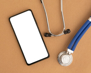 Poster - Mobile phone mock up with stethoscope. Template with white screen of smartphone at desk for medical application.