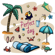 Set Of Cute Summer. Collection Of Scrapbooking Elements For Beach Party.