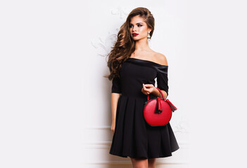 Amazing luxury seductive woman in stylish black party dress posing on white wall . Red hand bag . Bright smokey eyes make up, healthy wavy hairs. Fashion portrait. Celebrating birthday party.