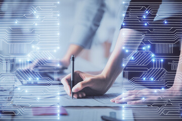 Fototapete - Double exposure of woman hands typing on computer and technology theme drawing. High Tech concept.