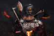 Ancient demonic warrior with axes against dark background