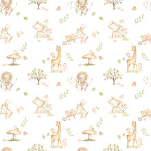 Watercolor Woodland Baby Animals Spring Pastel Color Pattern For Nursery 