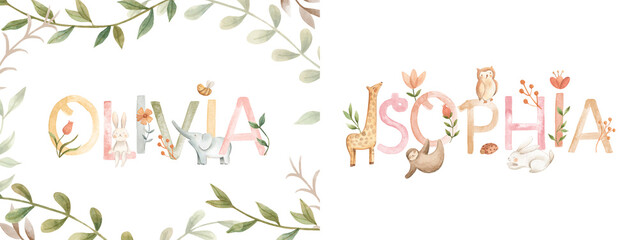 watercolor alphabet baby names for nursery with cute animals illustration