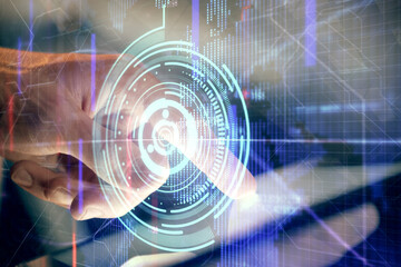 Poster - Multi exposure of man's hand holding and using a digital device and data theme drawing. Innovation concept.