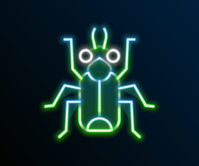 Sticker - Glowing neon line Beetle bug icon isolated on black background. Colorful outline concept. Vector