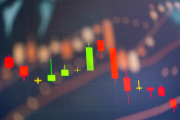 Stock market data on digital LED display. A daily market price and quotation of prices chart and candle stick tracking for Forex trading. Financial data on the digital screen as concept.