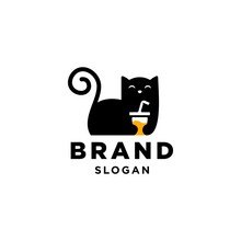 Cat And Cup Logo, Kitten Holding Juice Drink With Straw Mascot Cartoon Vector Icon Illustration