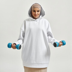 Wall Mural - Cheerful young arabian girl in hijab lifting dumbbells