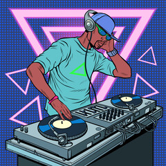 Wall Mural - Black man dj on vinyl turntables. concert music performance neon retro style