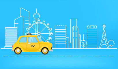 Poster - Travelling by taxi. Horizontal banner with copy space