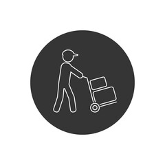 Poster - Mover pushing moving hand truck or dolly with boxes flat vector line icon for apps and websites
