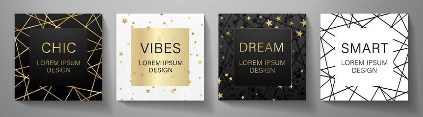 Wall Mural - Modern black frame - square design set. Luxury holiday creative line pattern and golden stars for holiday banner. Vector luxe collection background