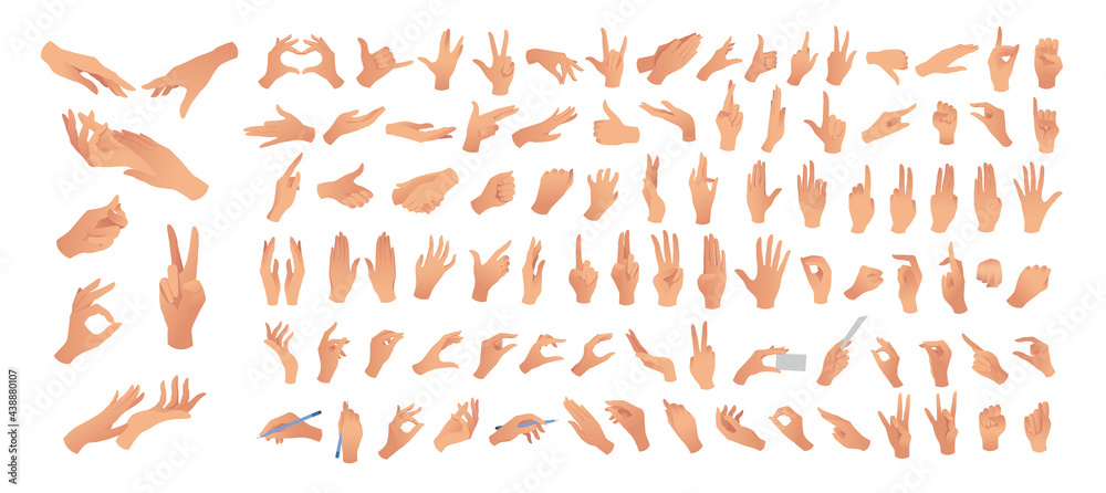 Gesturing. Set of hands in different gestures. Female hands in various situations. Hand showing signal or sign collection, on white background isolated. Wrist. ​vector illustration	 - obrazy, fototapety, plakaty 